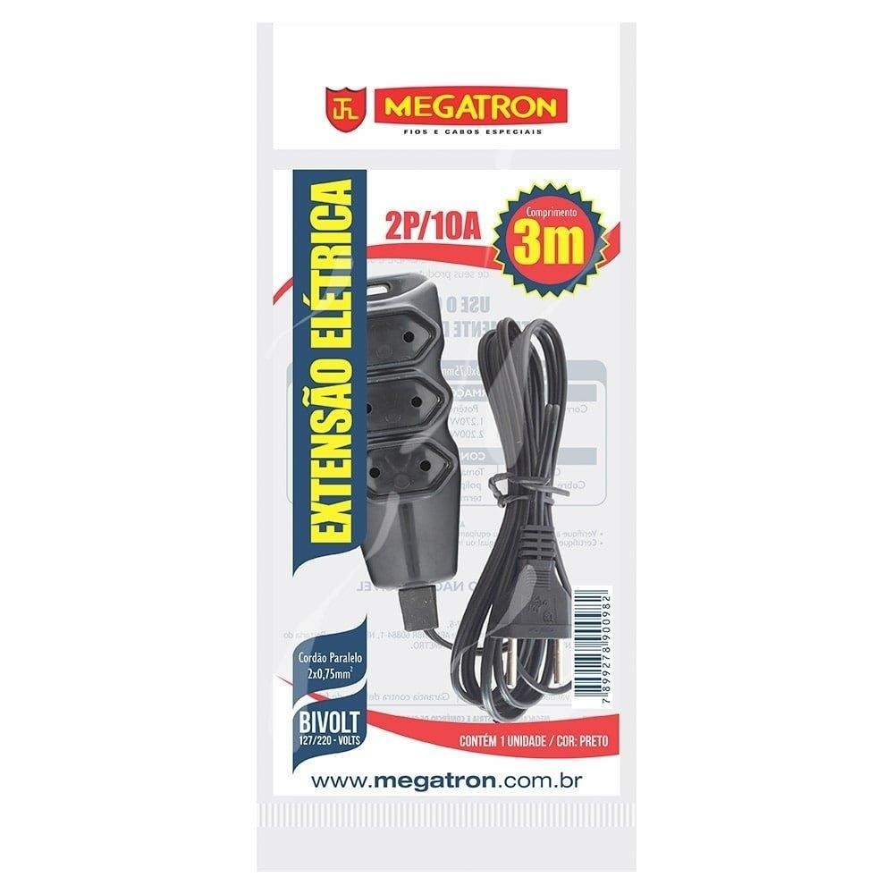 Extensão Megatron Fio Paralelo 2 x 0,75mm 3m Preta 3 Tomadas