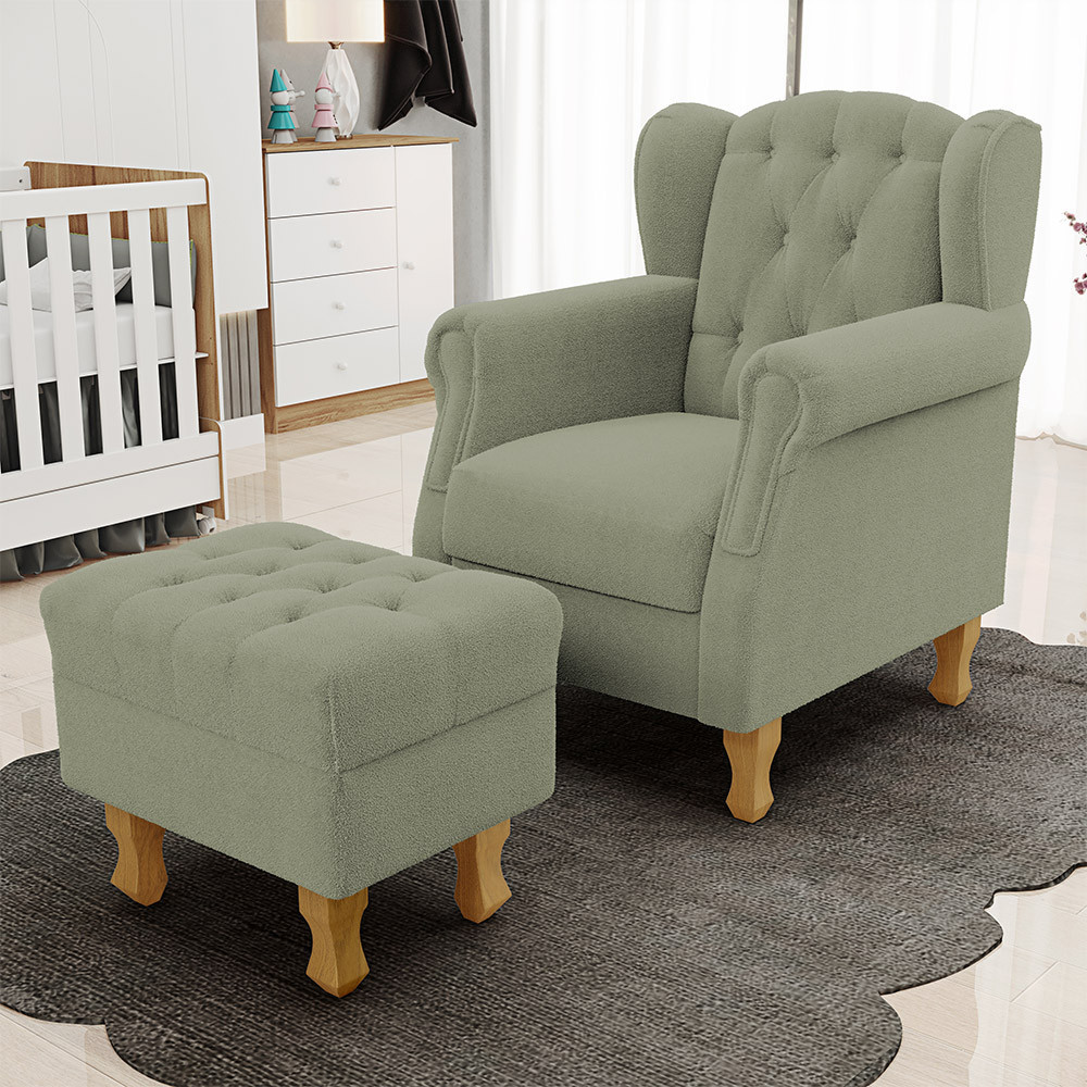 Poltrona de Amamentação Yara P02 Com Puff Paris Luis Xv L02 Bouclê Oliva - Lyam Decor
