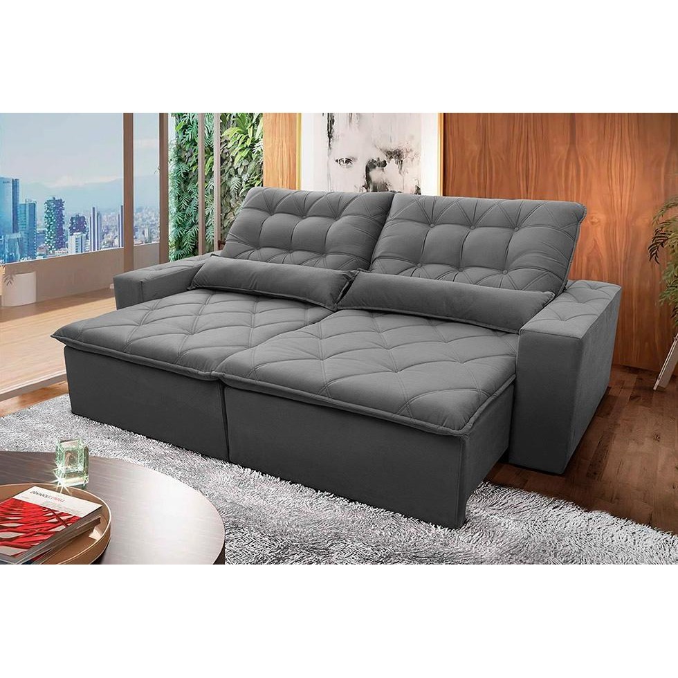 Sofá Retrátil Reclinável Islândia 2,50m Suede Velut Cinza  Molas no Assento - King House - Home & Living