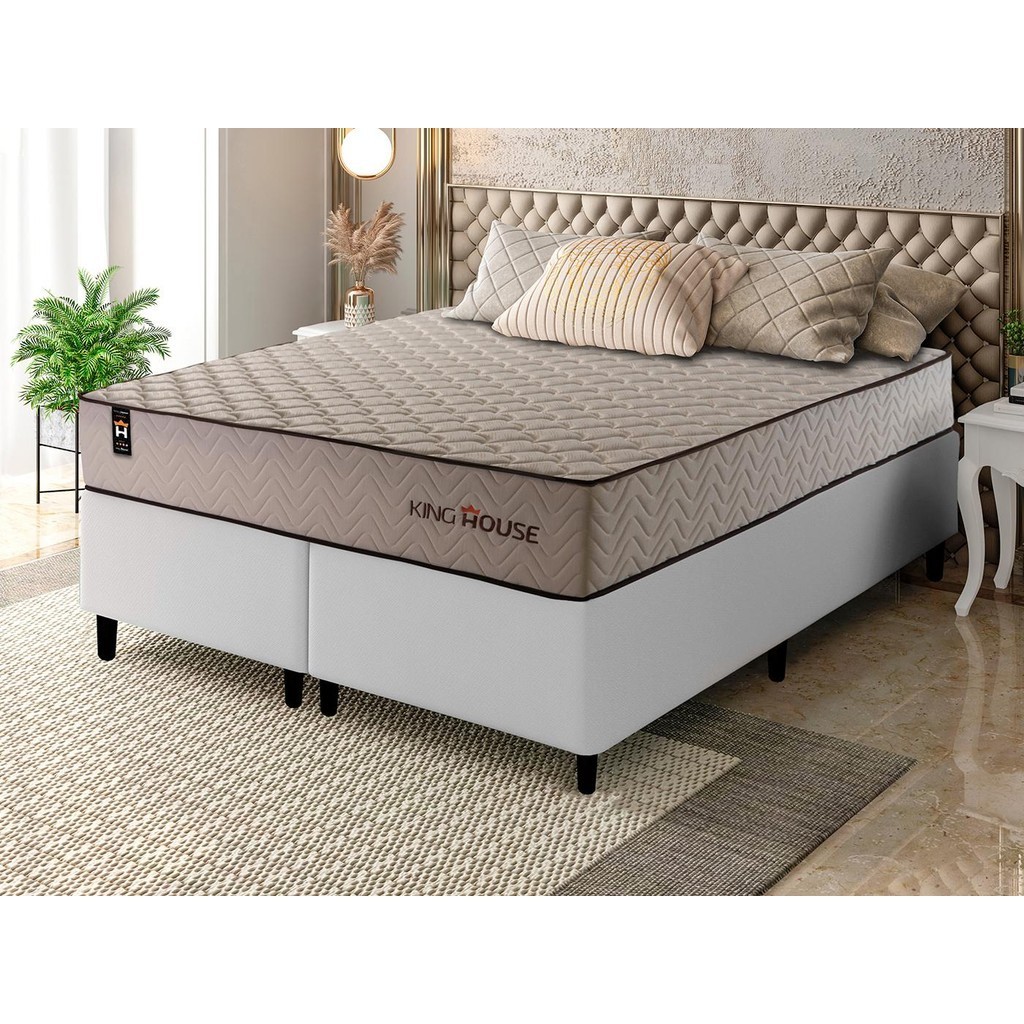 Conjunto Cama Box Espuma San Diego Bege King 193x203x67 em Oferta na Shopee