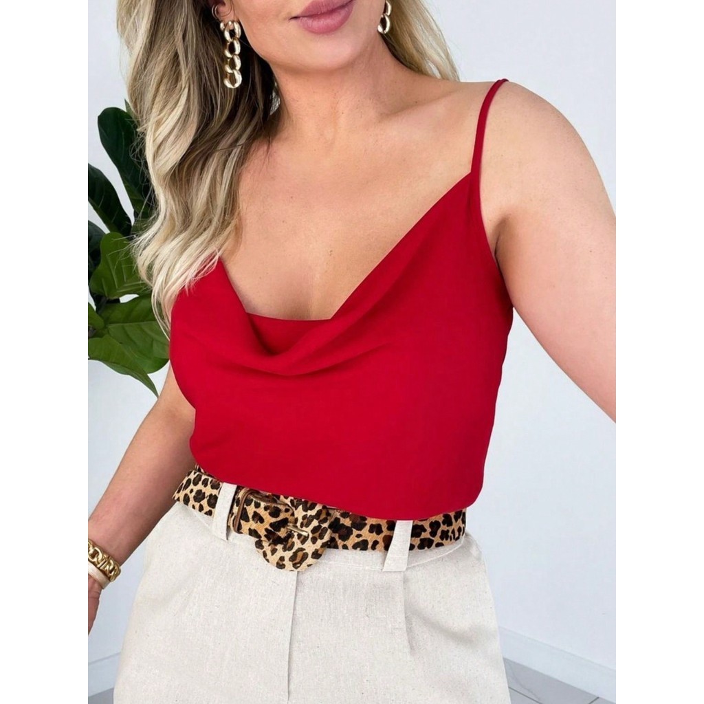 Regata feminina de alça regulado com detalhe na gola pra verao em Oferta na Shopee