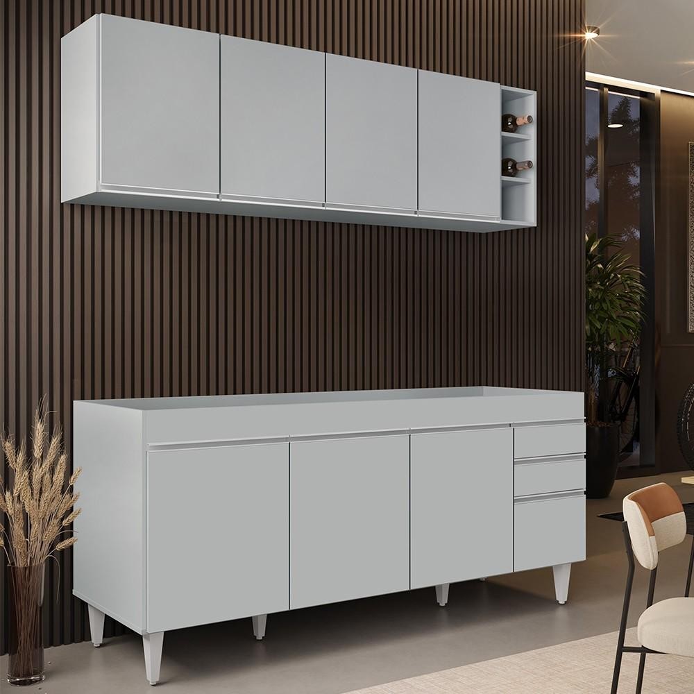 Armário de Cozinha Nevada e Balcão para Pia 180cm Dallas Cinza Claro - Lumil - Home & Living