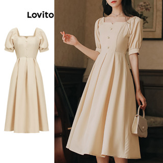 Lovito Vestido elegante liso plissado com botão rendado para mulheres L87ED399