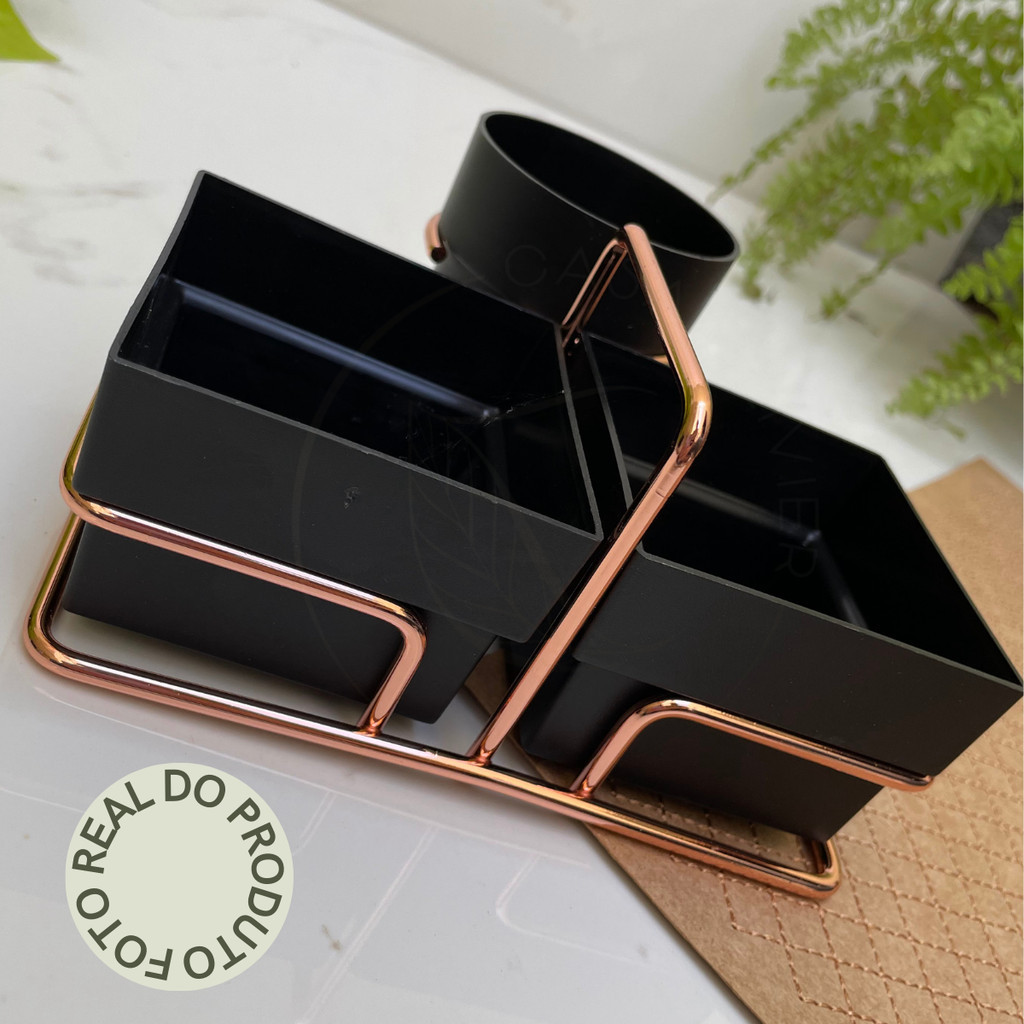 Porta Organizador para Sachês Divisórias Açúcar Adoçante Mexedor Preto Gold