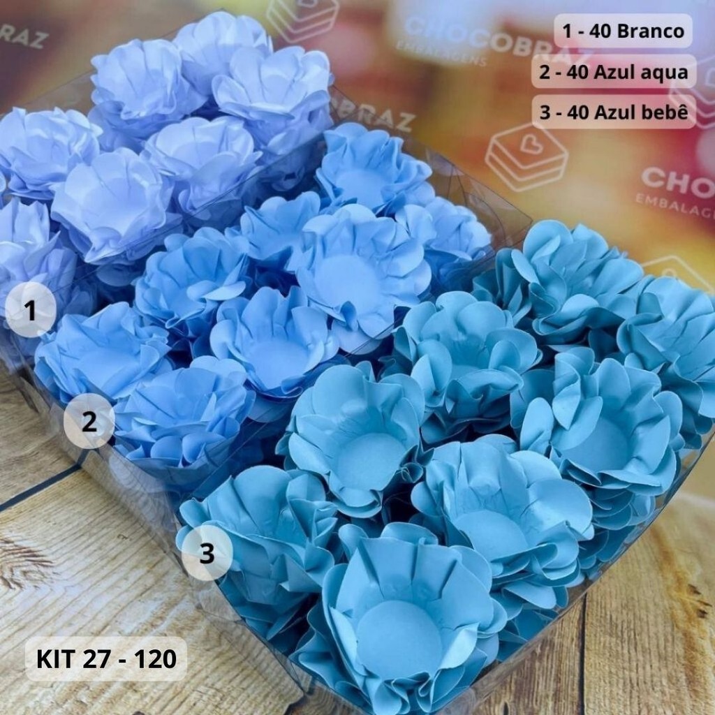 KIT 120 Forminhas Para Doces Finos BRANCO + AZUL AQUA + AZUL BEBÊ em Oferta na Shopee