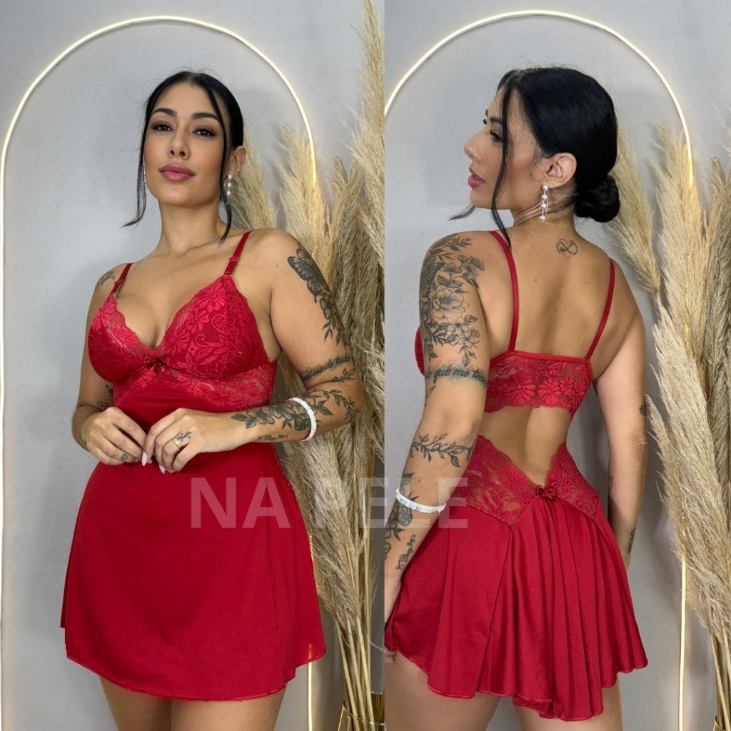 Camisola Sensual com Renda Decote Costas sem bojo costa nua pijama Roupa de Dormir