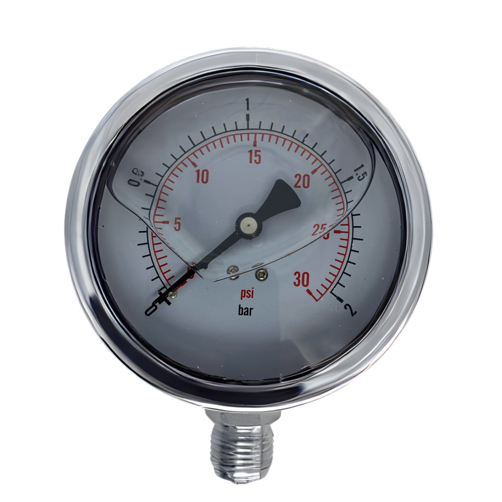 Manômetro Reto Total Inox Glicerina 100mm Inox Rosca 1/2' - 02 Bar 30Psi