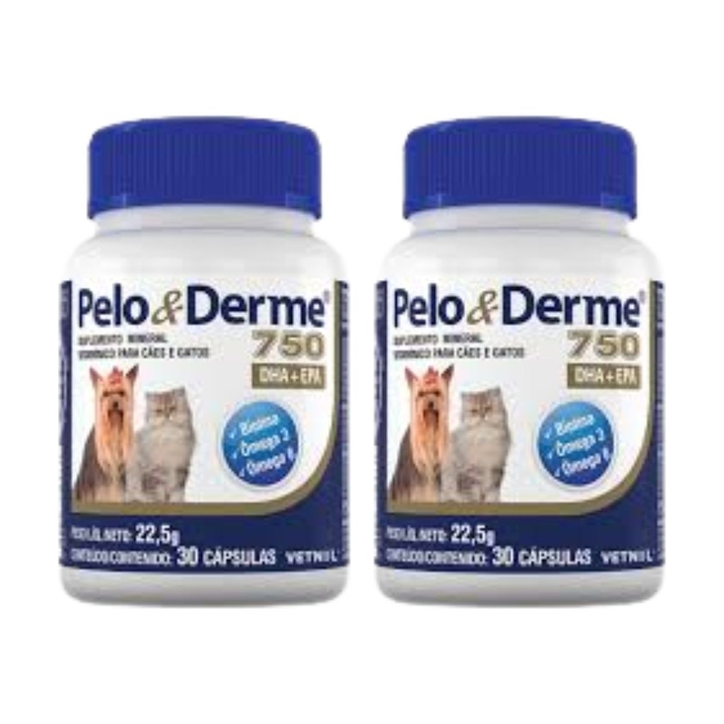 02 Suplemento Pelo E Derme 750mg Vetnil Cães Gatos 30 CAP.