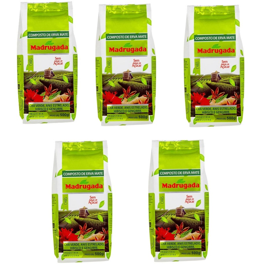 Kit 05 Compostos Erva Mate Madrugada Chás  Verde Anis Hibisco Gengibre 500g cada