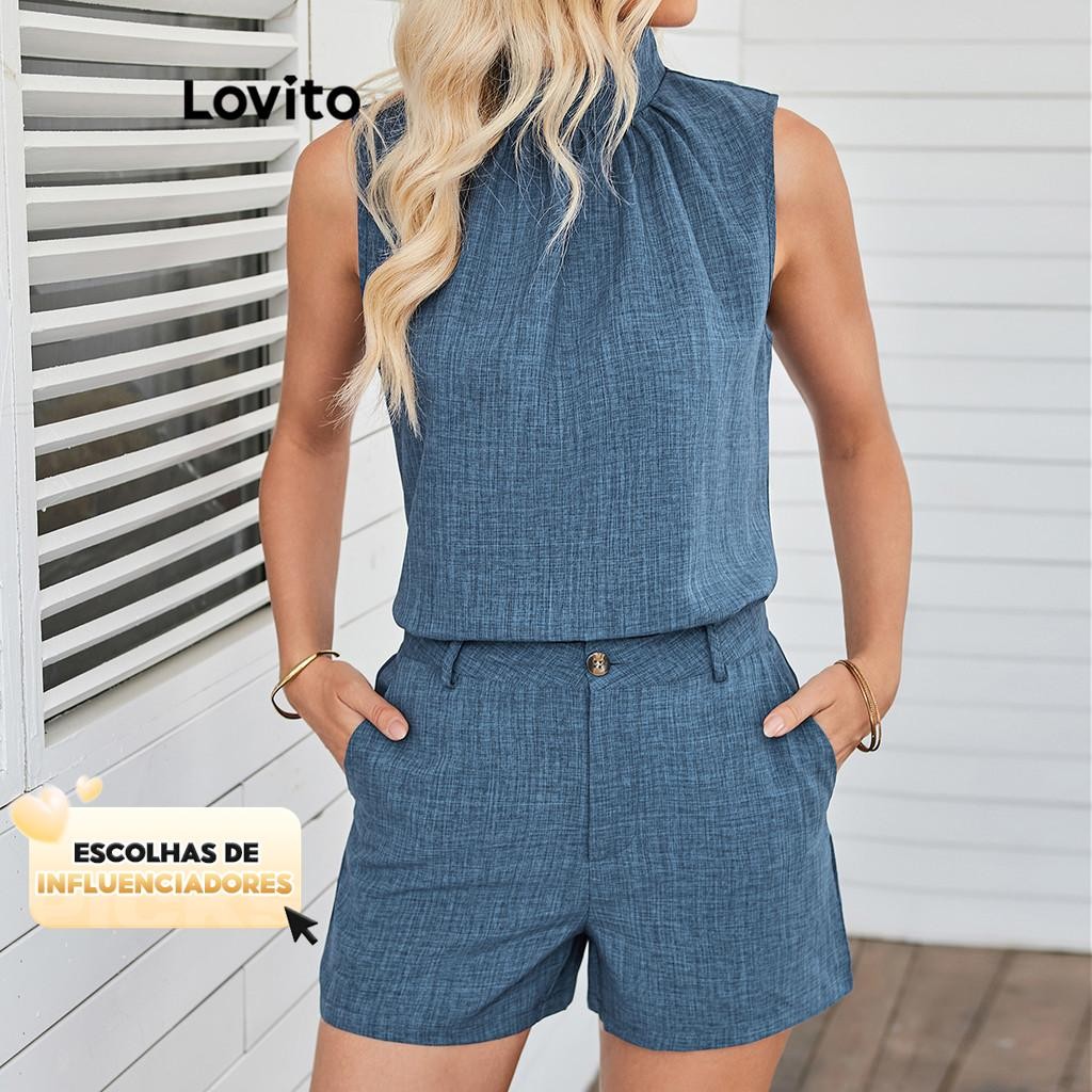(KOL‘s pick) Lovito Conjuntos casuais de shorts com bolsos traseiros divididos para mulher...