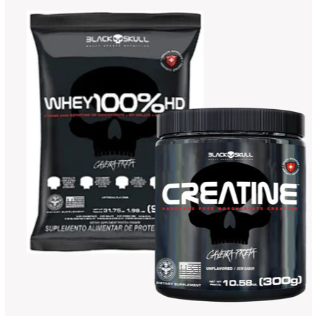 Kit Whey 100% HD Refil 900g Protein + 1 Creatina Pura 150g/300g - Black Skull