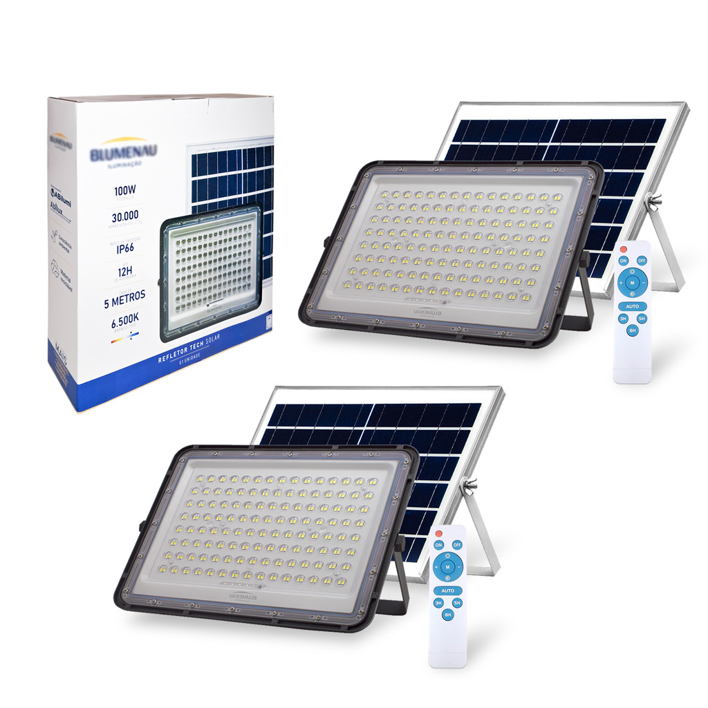 Kit 2 Refletor Tech Holofote 100w Placa Solar Bateria Sensor Fotocélula 6500K Fria Controle Remoto