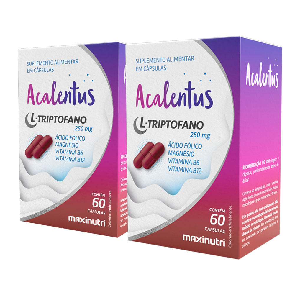Kit 2 Acalentus L-Triptofano Ácido Fólico Magnésio Vitamina B6 e B12 Maxinutri 60 Cáps