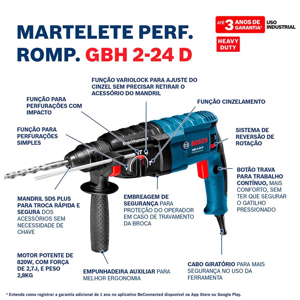 Martelete Rompedor GBH 2-24 D 820W 127V c/ 5 brocas Bosch