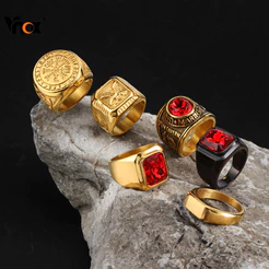 Vnox Conjunto De Anéis Redondos De Ágata De Pedra Natural Quadrada De Aço Inoxidável Para Homens , Anel Punk De Dedo De