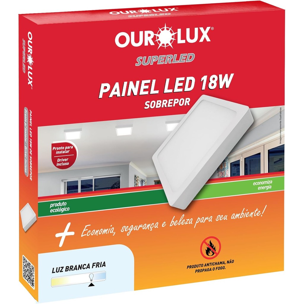 Painel Led Sobrepor 6500k Branco Frio Quadrado Branco 18W Ourolux Anti Chamas/Amarelamento