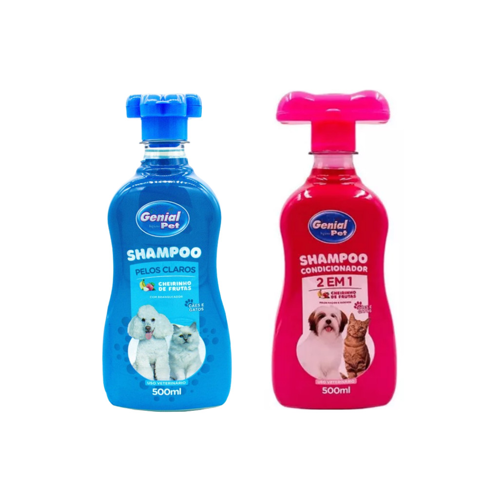 Kit Shampoo Pelos Claros Frutas Cães e Gatos 500ml + 2 em 1