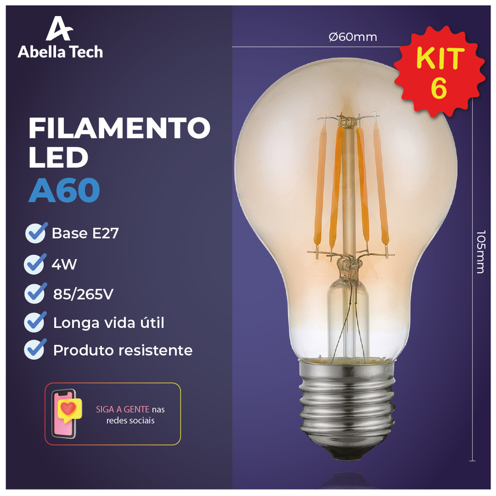 6 Lâmpada Filamento de LED Bulbo A60 4W Âmbar Bivolt Luminária Decorativa Retro Vintage