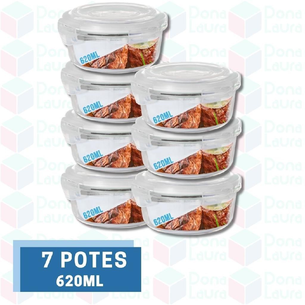 Conjunto 7 Pote Vidro 620ml Hermético Marmita Tampa 4 Travas