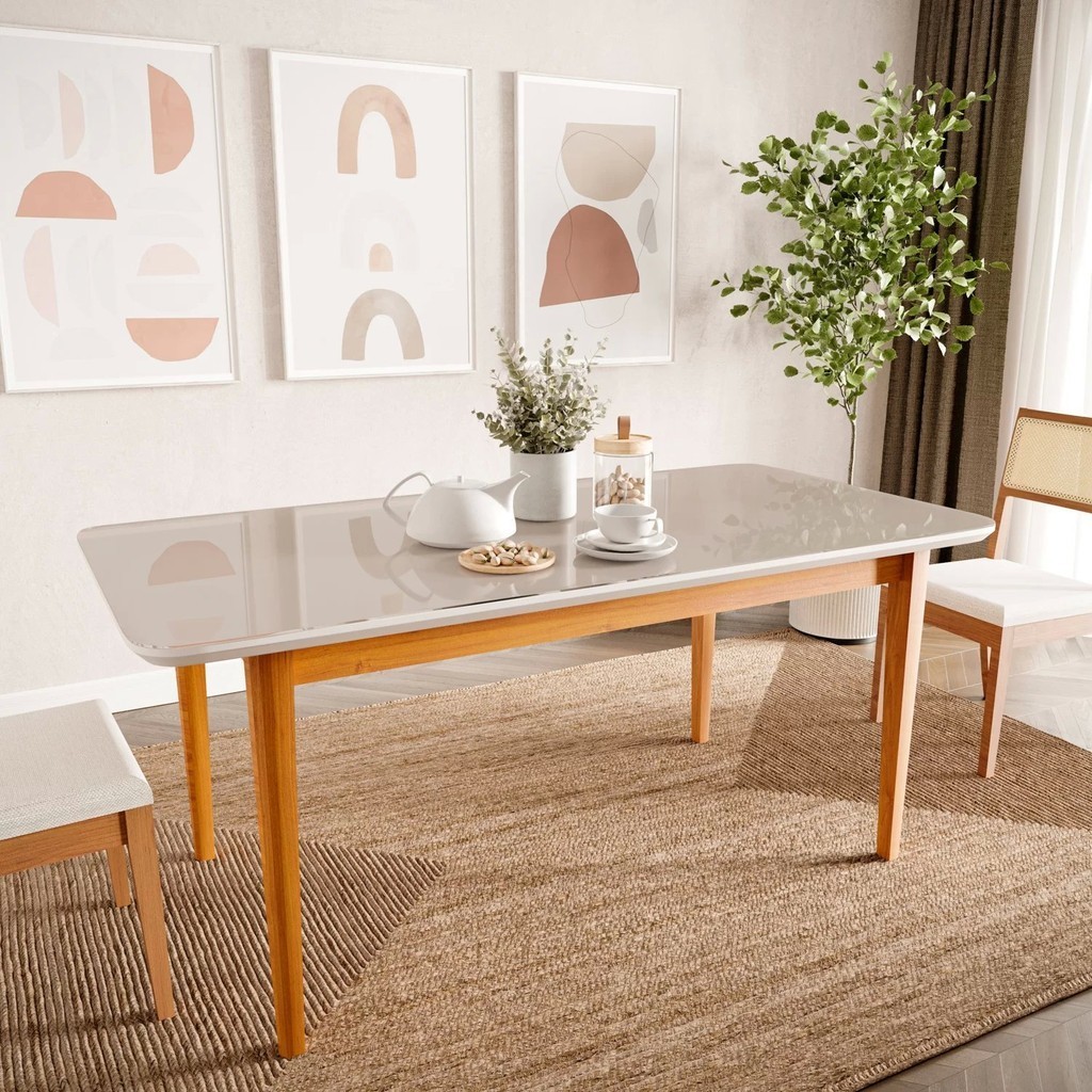Mesa de Jantar 6 Lugares 1,80m Tampo MDF e Vidro Pés Madeira Maciça Tangará CabeCasa MadeiraMadeira Caramelo/Off - Home & Living