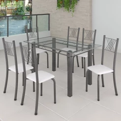 Conjunto de Jantar Mesa 140x75cm Tampo de Vidro Incolor com 6 Cadeiras Sara Yescasa Prata/Branco Liso/Mart Branco/Prata