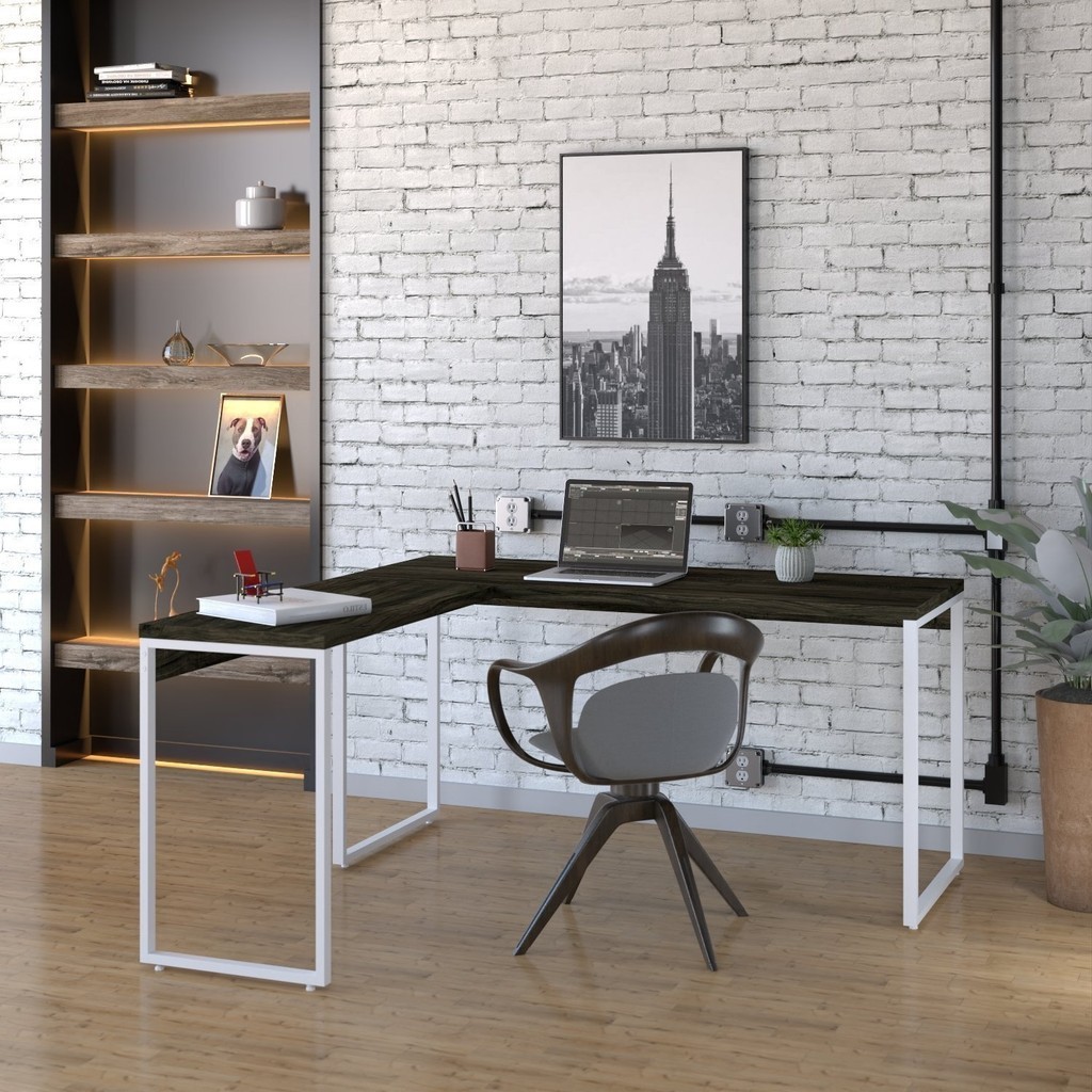 Escrivaninha Mesa Escritório Em L Estilo Kuadra 150cm Industrial Carvalho Dark E Branco Chess Carvalho Dark/Branco
