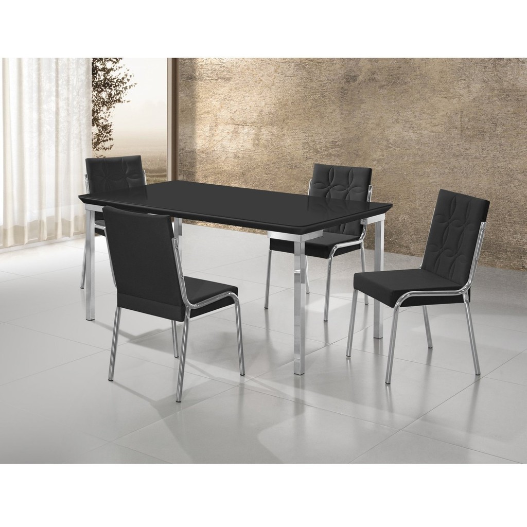 Conjunto Mesa Iza 120x90cm Tampo MDF/Vidro 4 Cadeiras Natani Yescasa Preto/Cromado