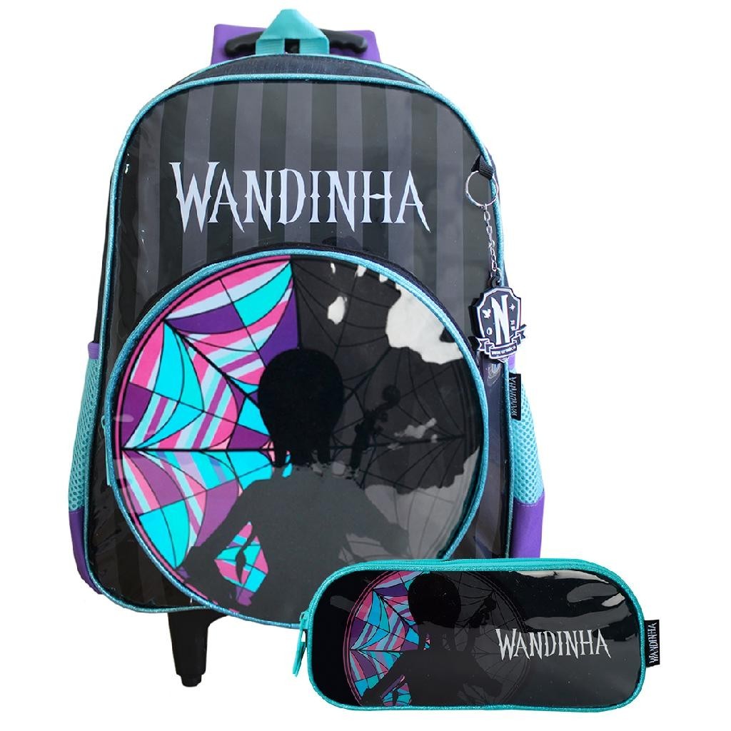 Kit Escolar Infantil Wandinha Mochila De Rodinhas Com Estojo Dois Compartimentos