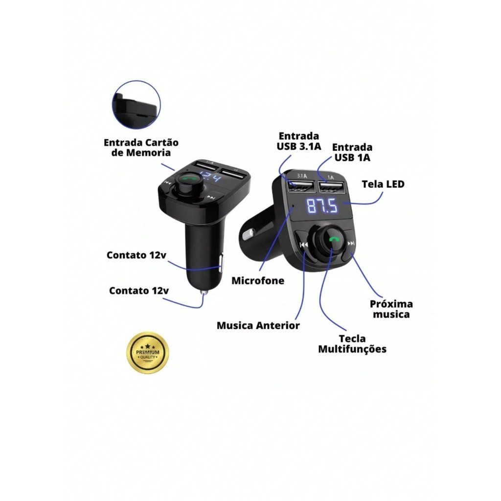 Carregador P/ Carro Usb Transmissor Bluetooth Fm Mp3 Sem Fio