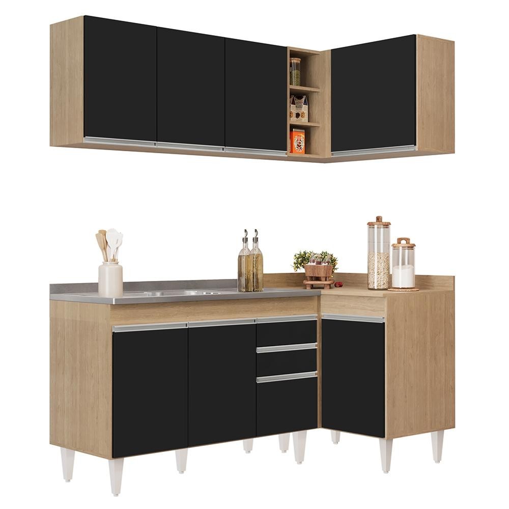 Armário de Cozinha Modulado de Canto Esquerdo 4 Peças CP48 com Pia Inox Castanho/Preto - Lumil em Oferta na Shopee