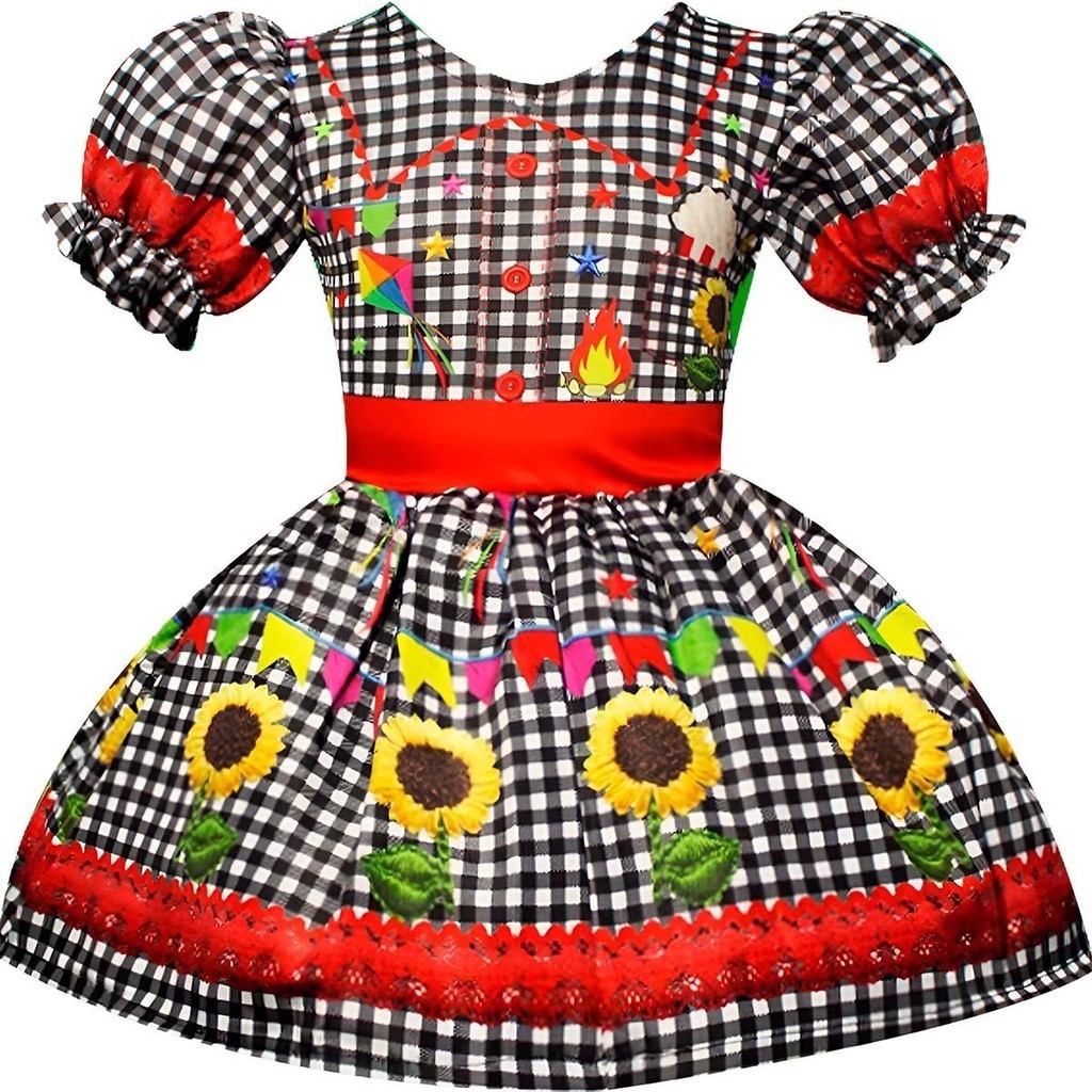 Vestido Festa Junina Xadrez Preto de Luxo Mangas Bufantes Roupa Caipira Menina Dança Quadrilha Escola em Oferta na Shopee