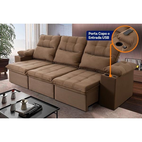 Sofá Retrátil Reclinável Verona USB + Porta Copo 2,30m Suede Velut Bege c/ Molas no Assento em Oferta na Shopee