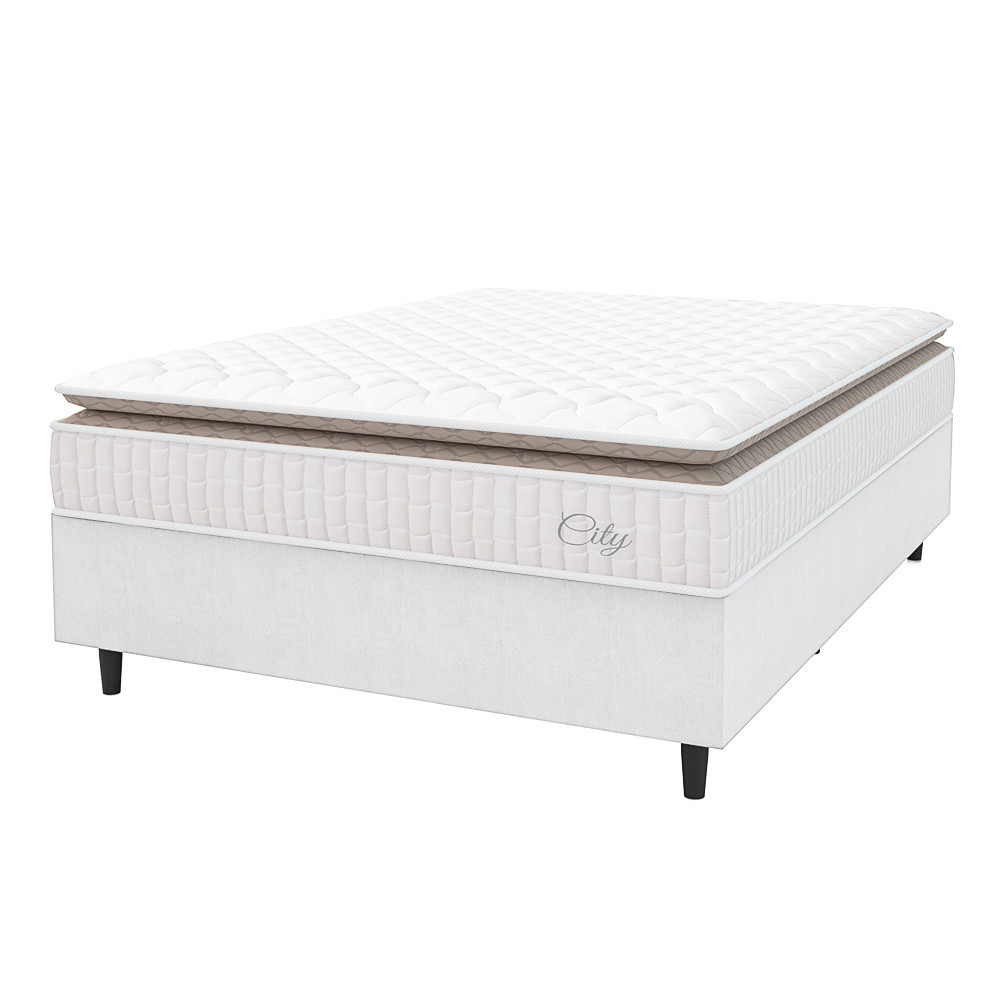 Cama Box Colchão Casal Molas Ensacadas City Pillow Top 138x188x61cm Linho Branco / Bege Hellen - Home & Living