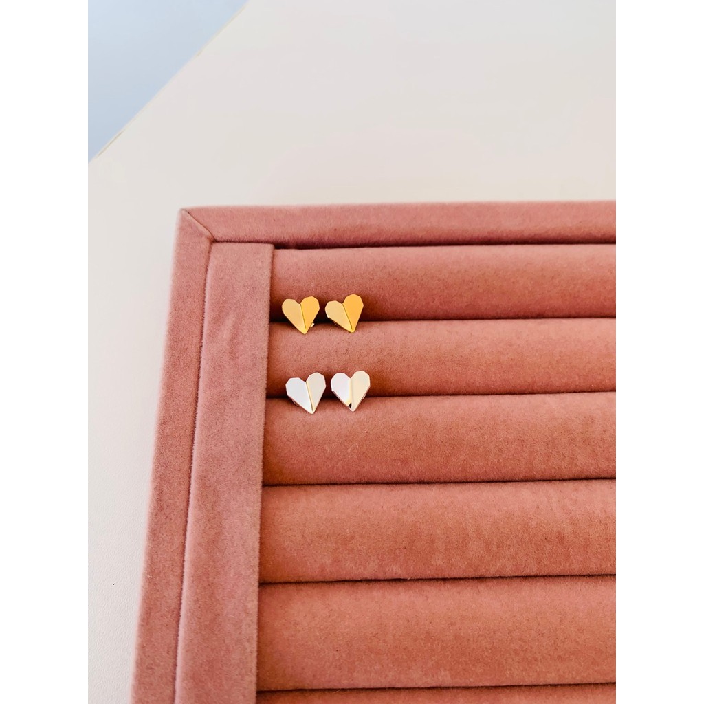 Brinco de coração origami minimalista semi joia prata 925 e ouro 18kl