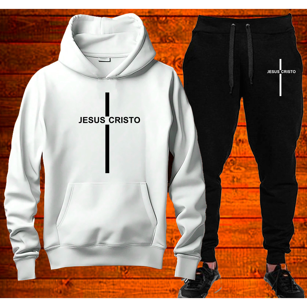 Conjunto Moletom jesus Cristo Cruz Cristão Streetwear Blusa + calça de moletom Casaco Com Capuz Flanelado Unissex