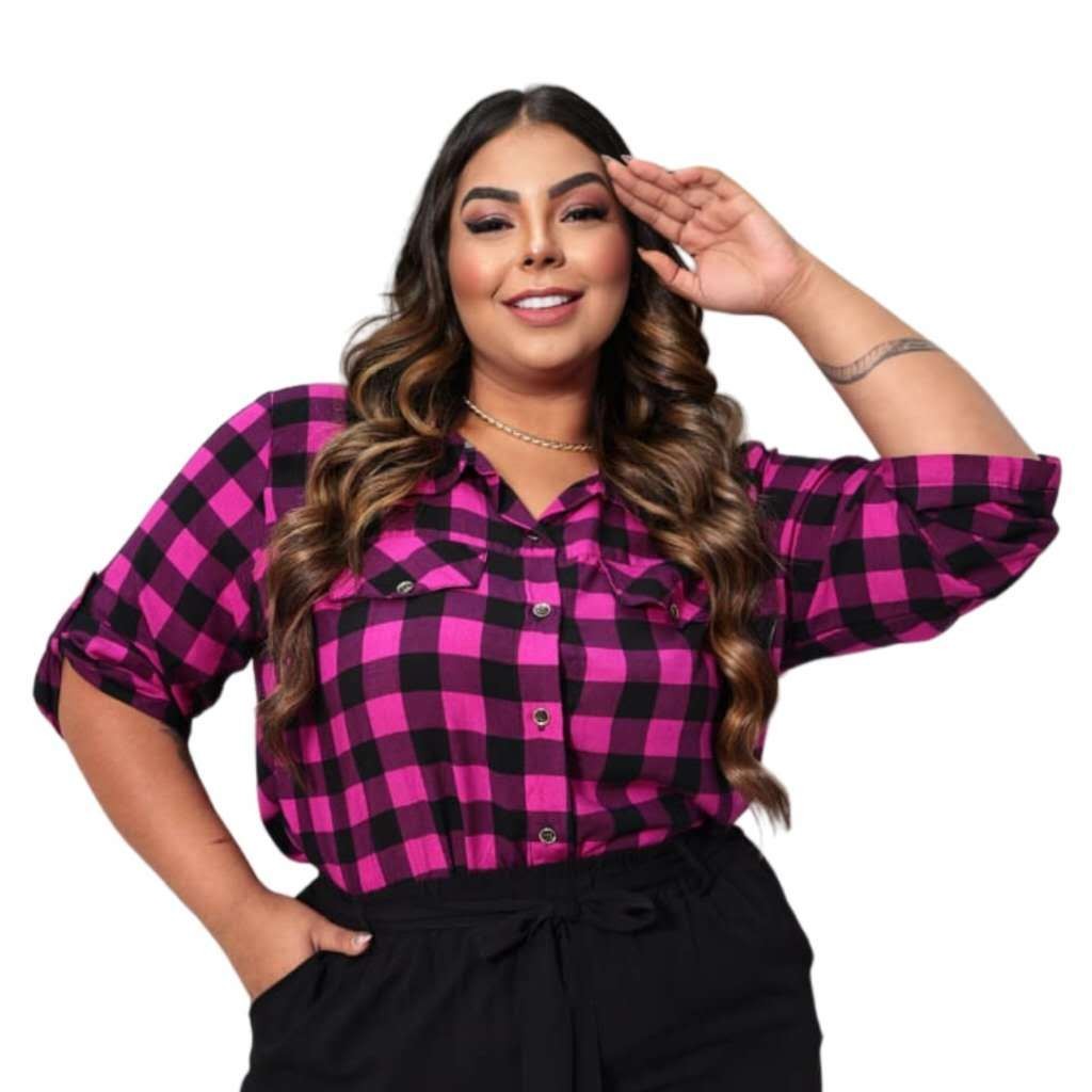 BLUSA FEMININA XADREZ MANGA LONGA COM BOLSINHO