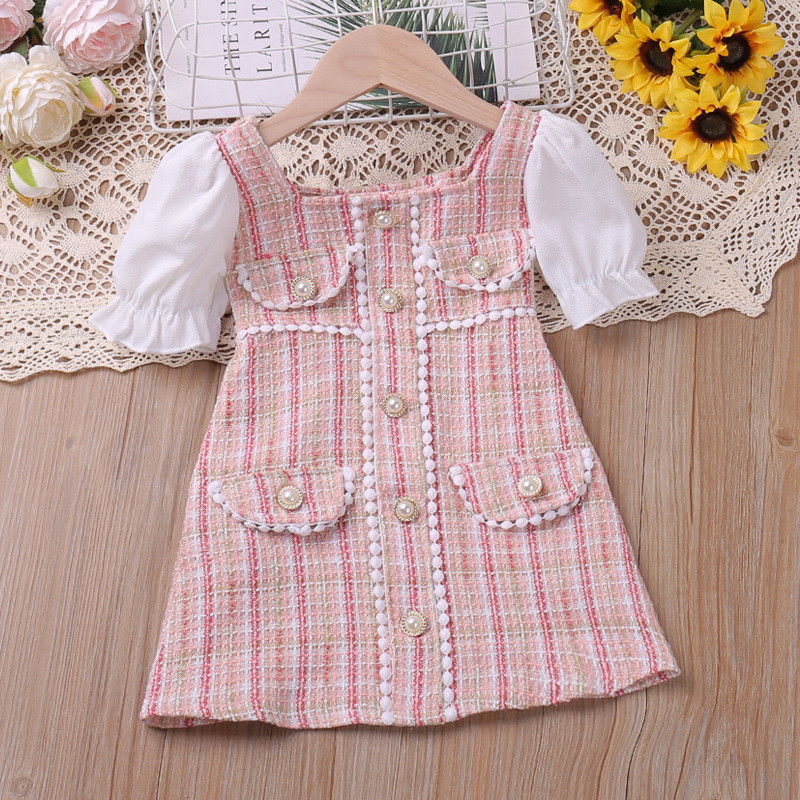 Vestido De Festa Xadrez Rosa De 1 A 7 Anos Com Botões De Pérola Para Meninas