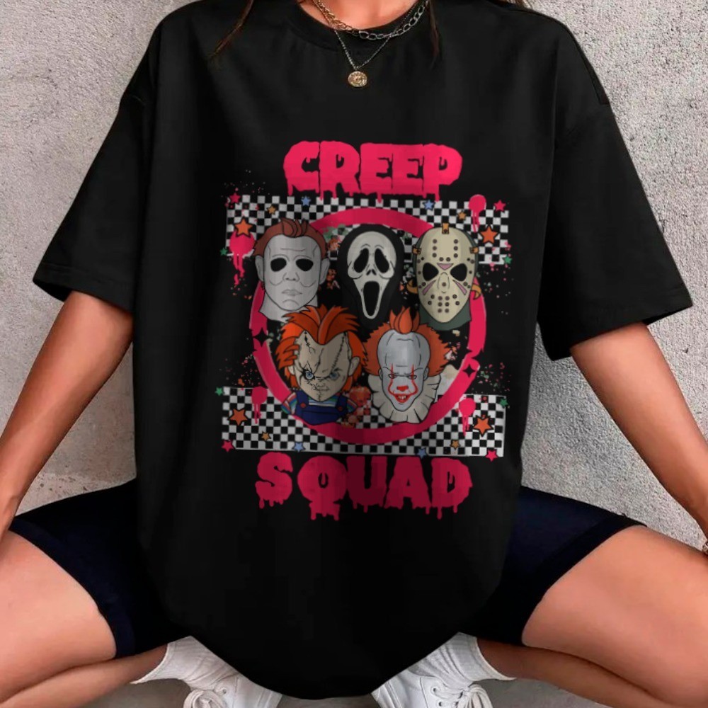 2025 Novo camiseta Tshirt de terror para Halloween estampas de caveira zumbi esqueleto bruxa vampiro fantasmas