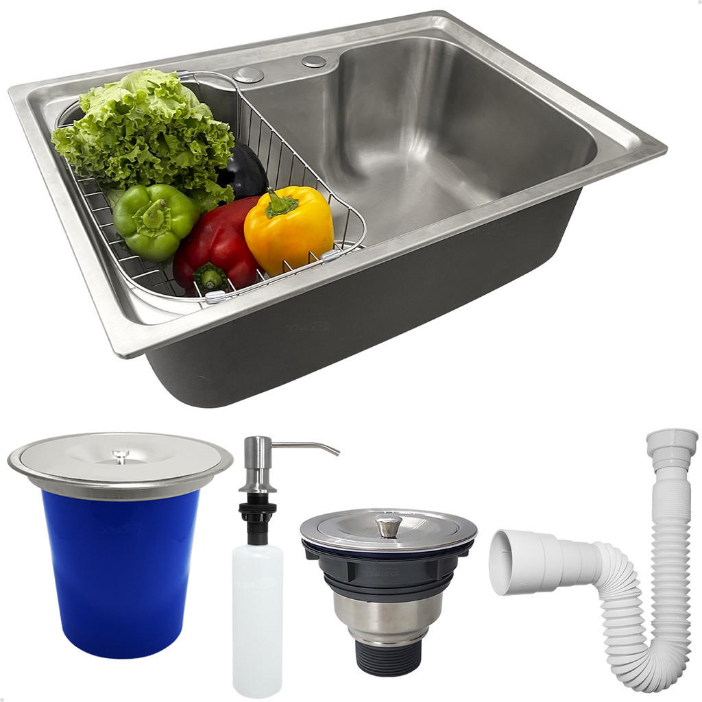 Kit Cozinha Cuba Gourmet Inox 304 60x42 Lixeira De Embutir 5 Litros Dispenser 500ml Valvula E Sifão