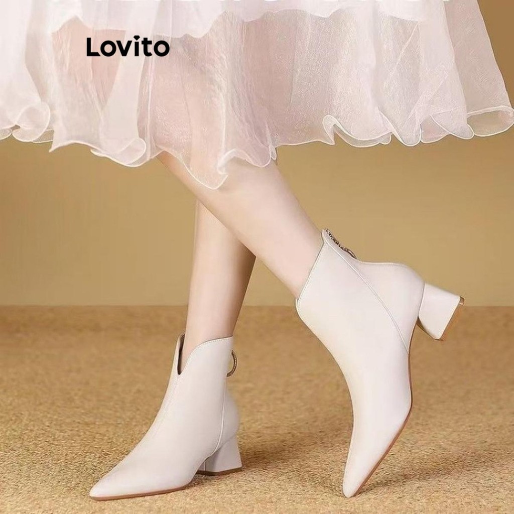 (Trendy) Lovito Casual simples moda temperamento apontou bloco salto macio couro moda bota para mulher  LFA60447 - Women Shoes