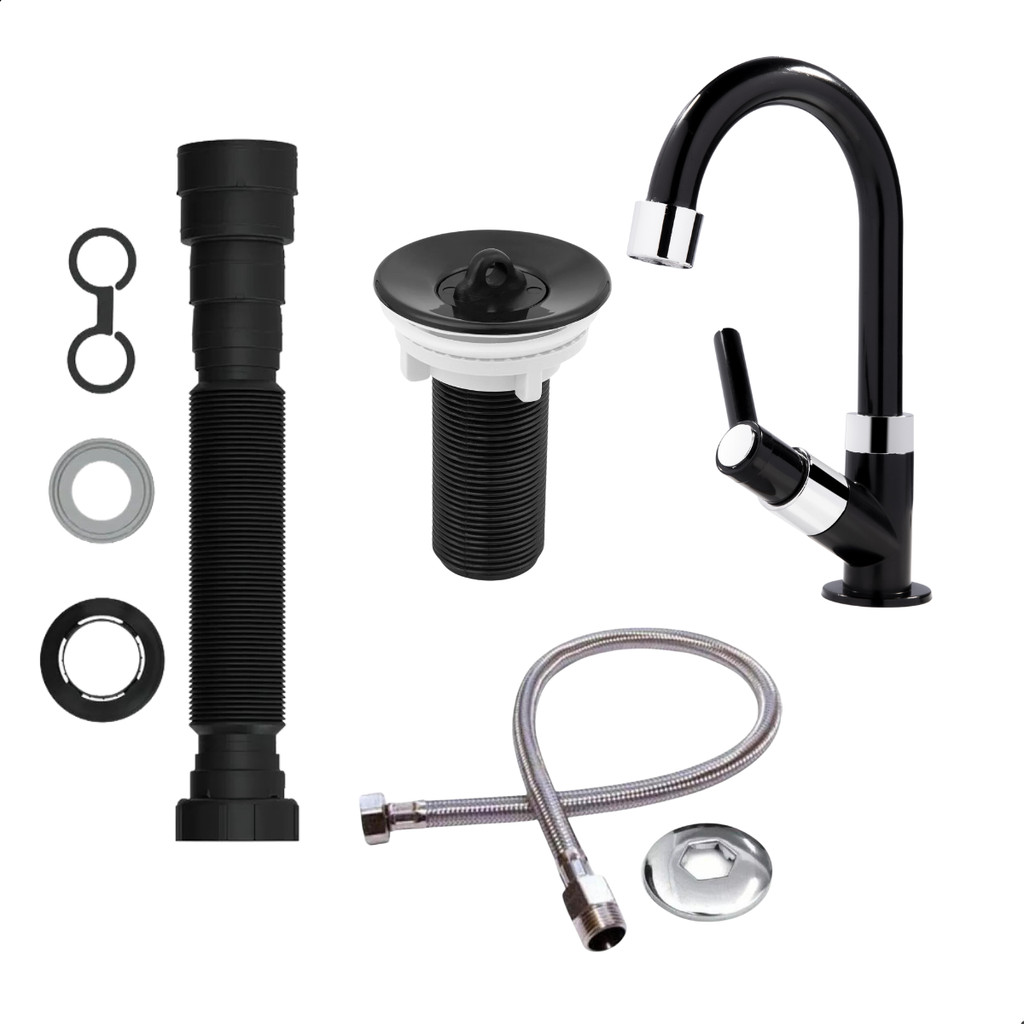 Kit Torneira para Lavatório/Banheiro Preto + Válvula + Sifão + Engate