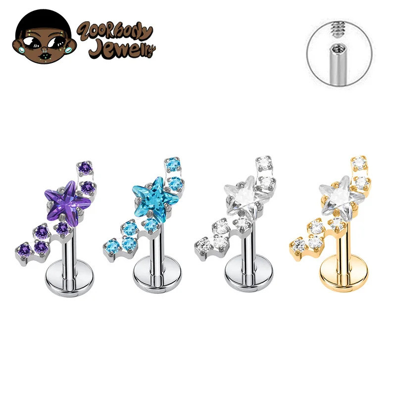 Piercing Labret Titânio Pvd Estrela Zircônia Cravejada Brinco Piercing Orelha, Trágus