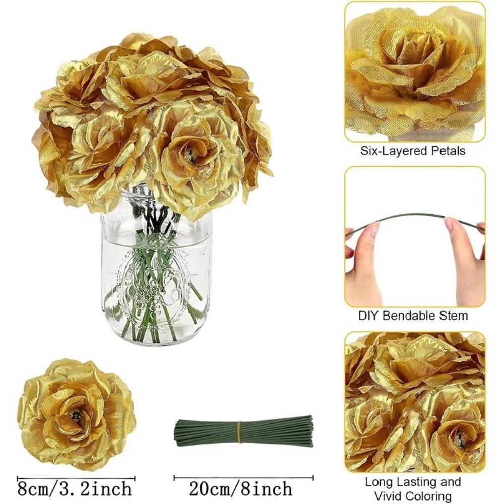 5 Pçs 8cm Cabeças De Flores De Ouro Falso Com Haste Artificial Rosa Artesanato Rosas Artificiais Peças Centrais Flor Cas — imagem 2 de 2