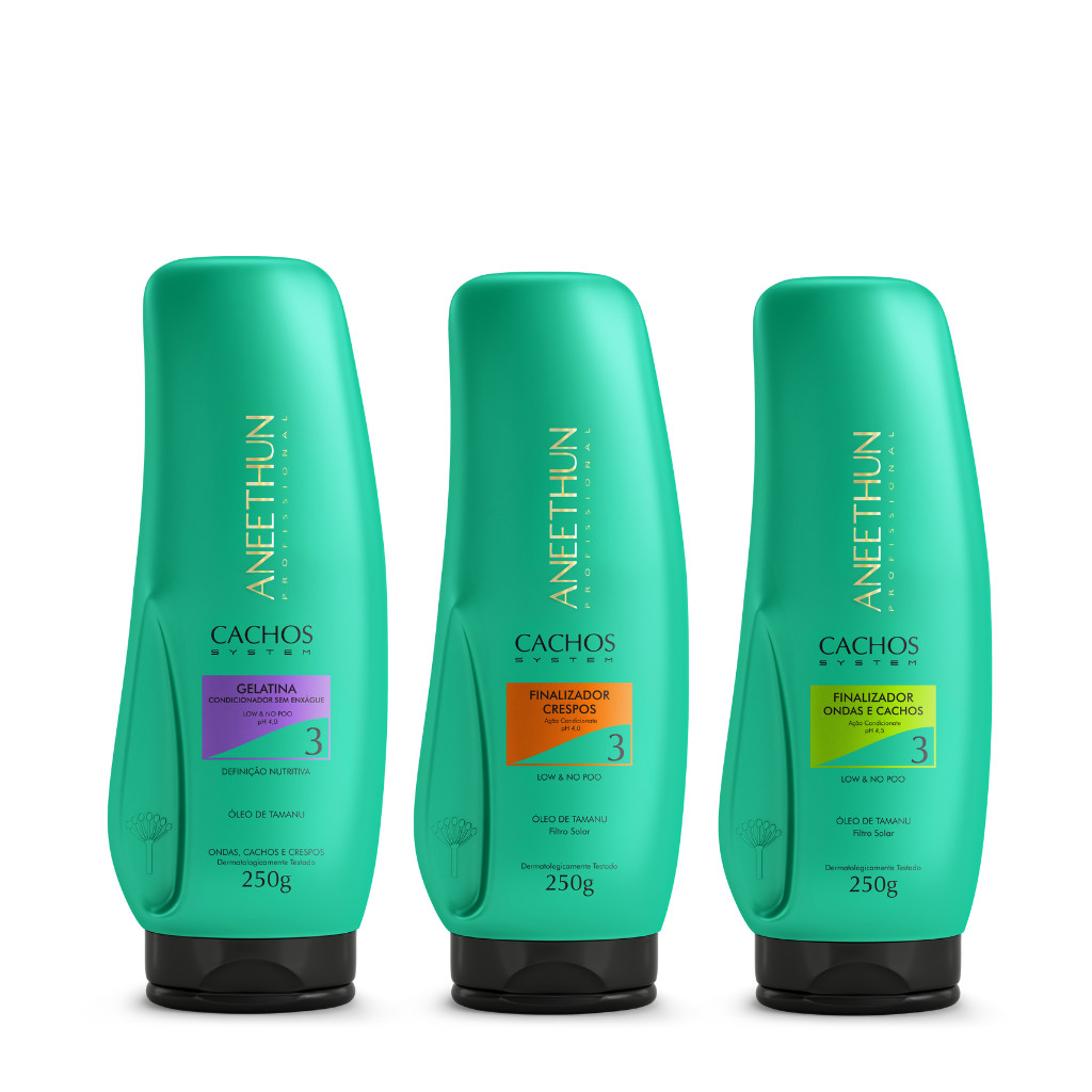 Kit Gelatina Low E No Poo + Finalizador Ondas E Cachos + Finalizador Crespos Cachos - Aneethun