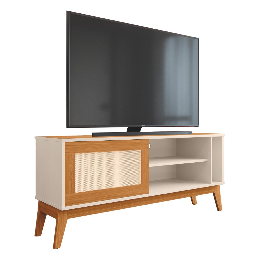 Rack Bancada Para TV Até 55 Polegadas 1,36m 1 Porta Com Tela Rattan Off White/Cedro Caribe EDN - Home & Living