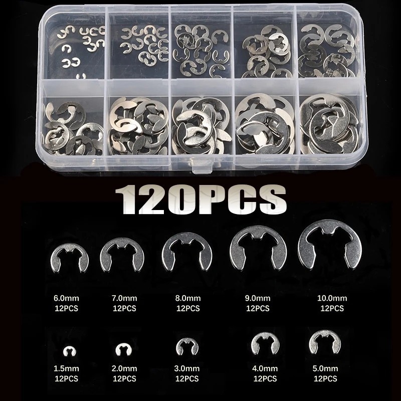 120Pcs/1Box Conjunto De Anéis De Retenção-Kit De Fixação Do Eixo-Metal , Multifuncional-Acessórios De Ferragens-Tipo E , Aço Inoxidável , Com Caixa-Arruelas De Rosca-Anel Aberto