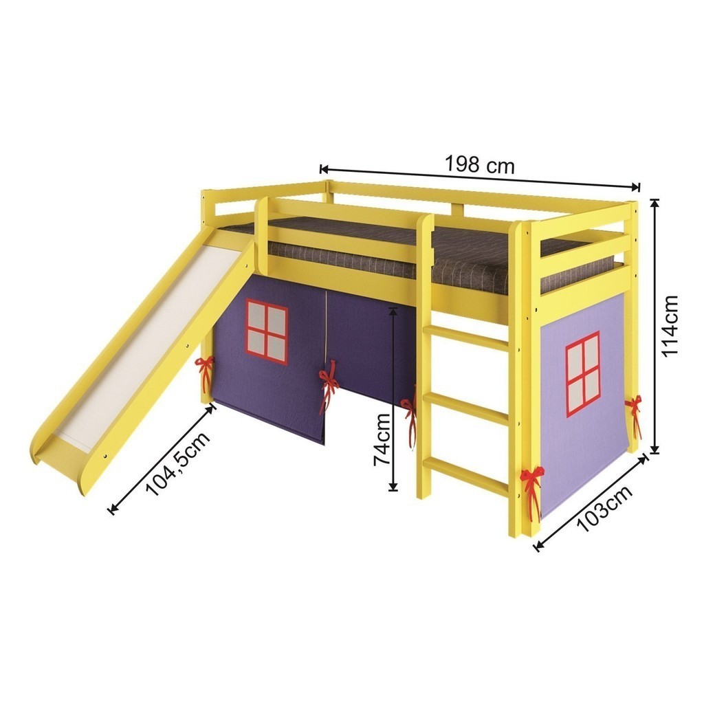 Detalhes do Cama Alta Infantil com Escorregador e Tenda em Madeira Maciça/mdf Amarelo