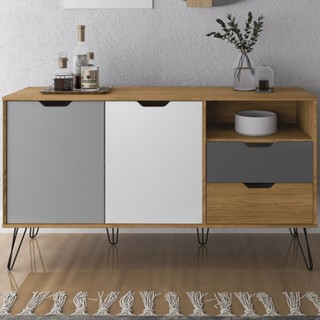 Balcão Buffet Estocolmo 2 Portas 2 Gavetas Carvalho/Grafite/Branco/Prata - Artely em Oferta na Shopee