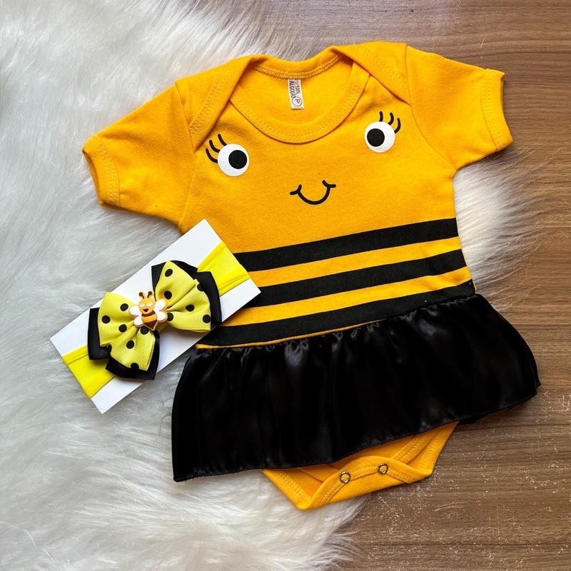 Body temático mesversário bebê Abelhinha Abelha e laço