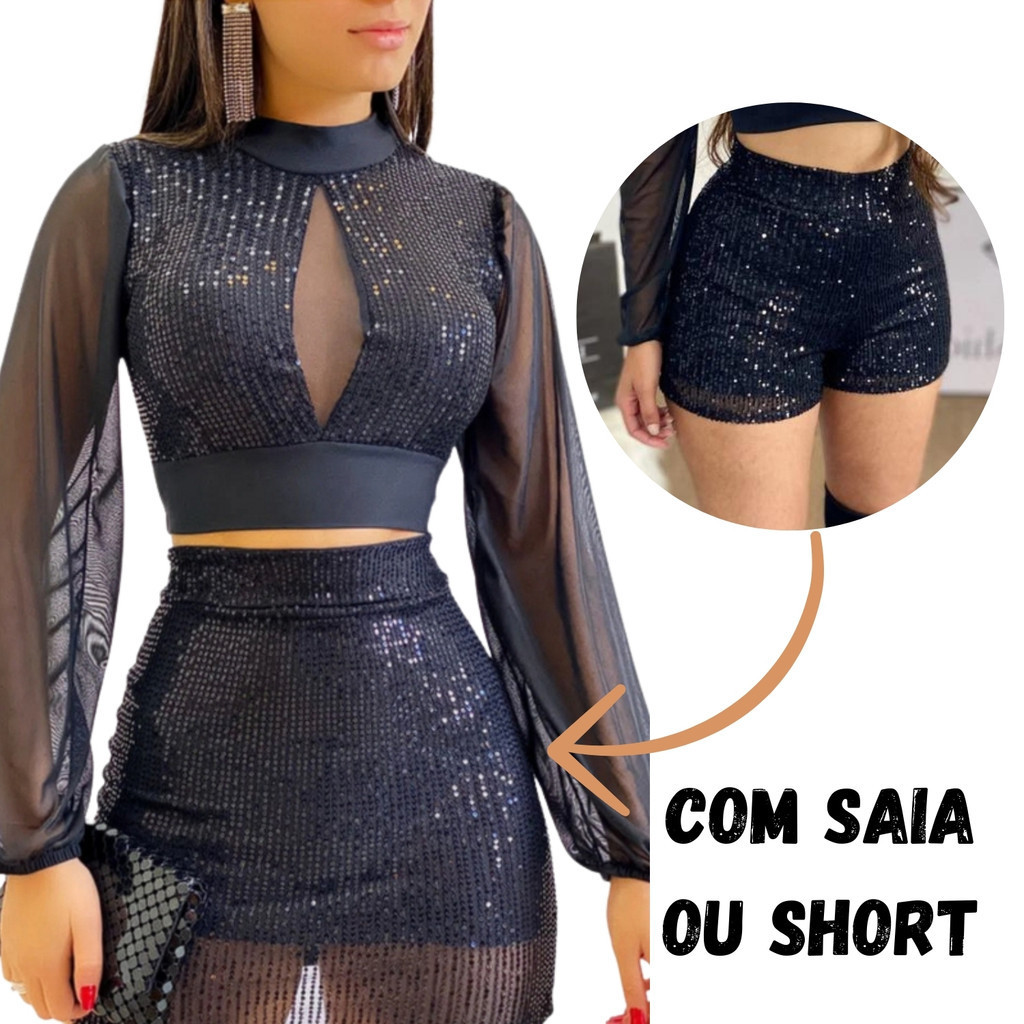 Conjunto Cropped c/ Gola Tule no Meio Manga Longa Tule Moda Balada Country em Oferta na Shopee